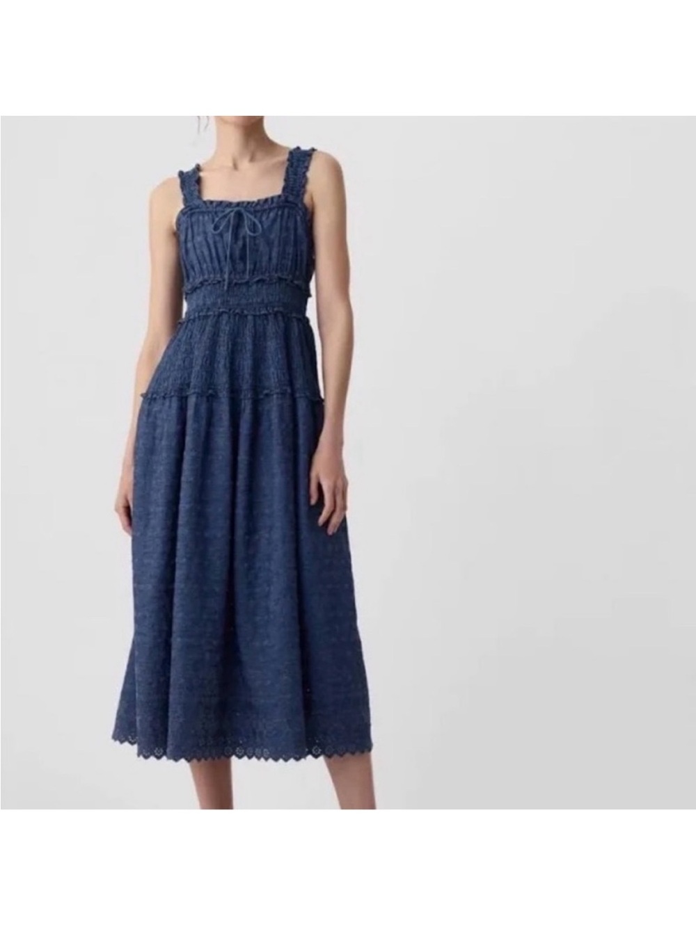 Doen x Gap Smocked Denim Eyelet Midi Dress in Navy